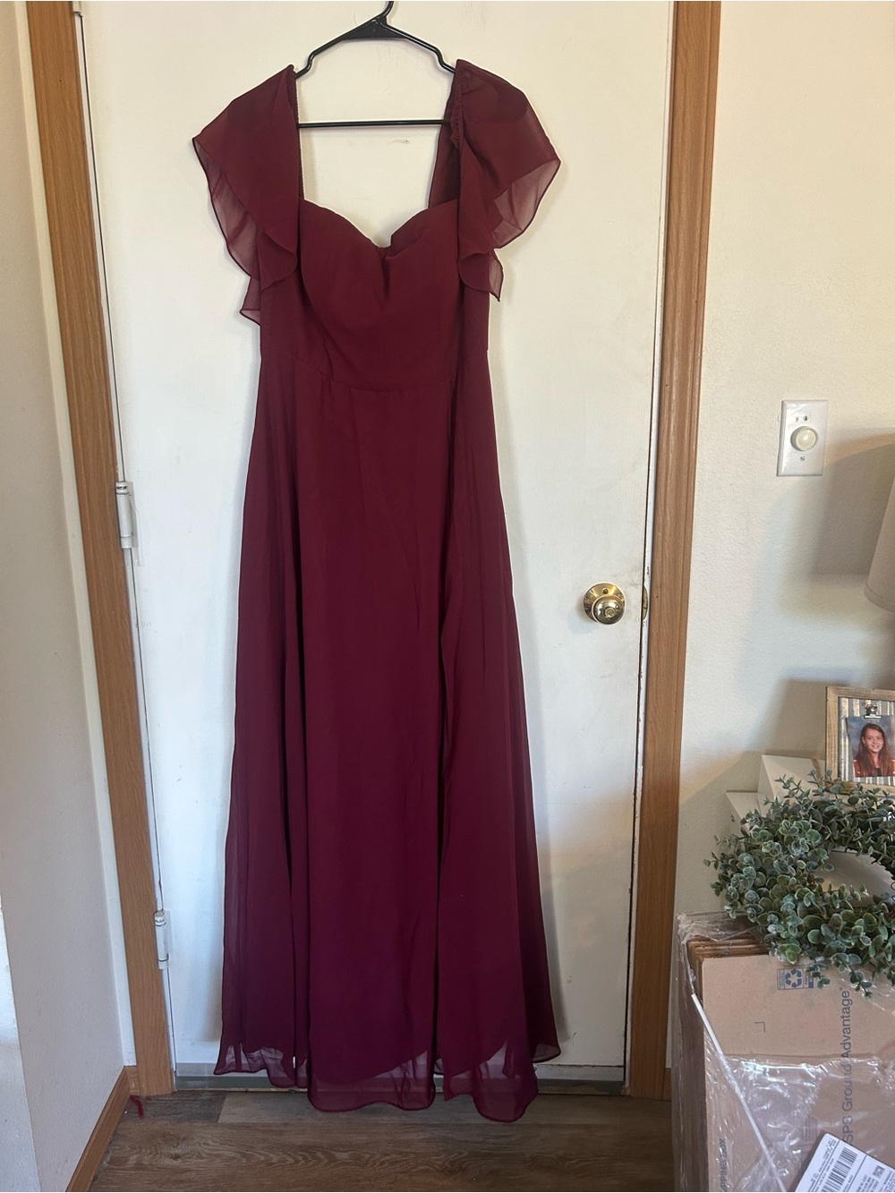 Azazie Burgundy Chiffon Maxi Dress with Flutter Sleeves Size A14 Formal
